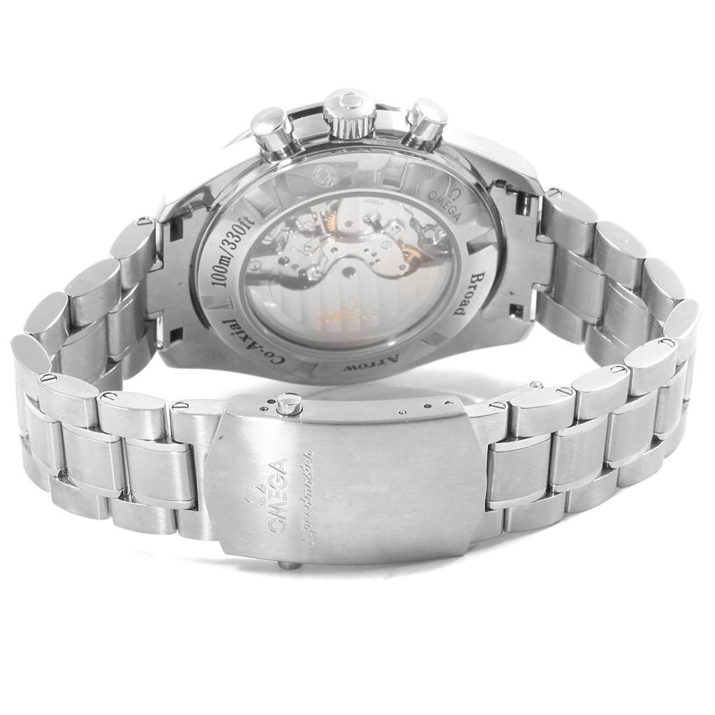 The image shows the Omega Speedmaster 321.10.44.50.02.001 Men
s Stainless Steel Silver Dial 321.10.44.50.02.001 Men
s Stainless Steel Silver Dial watch from the rear, highlighting the transparent case back and stainless steel bracelet.