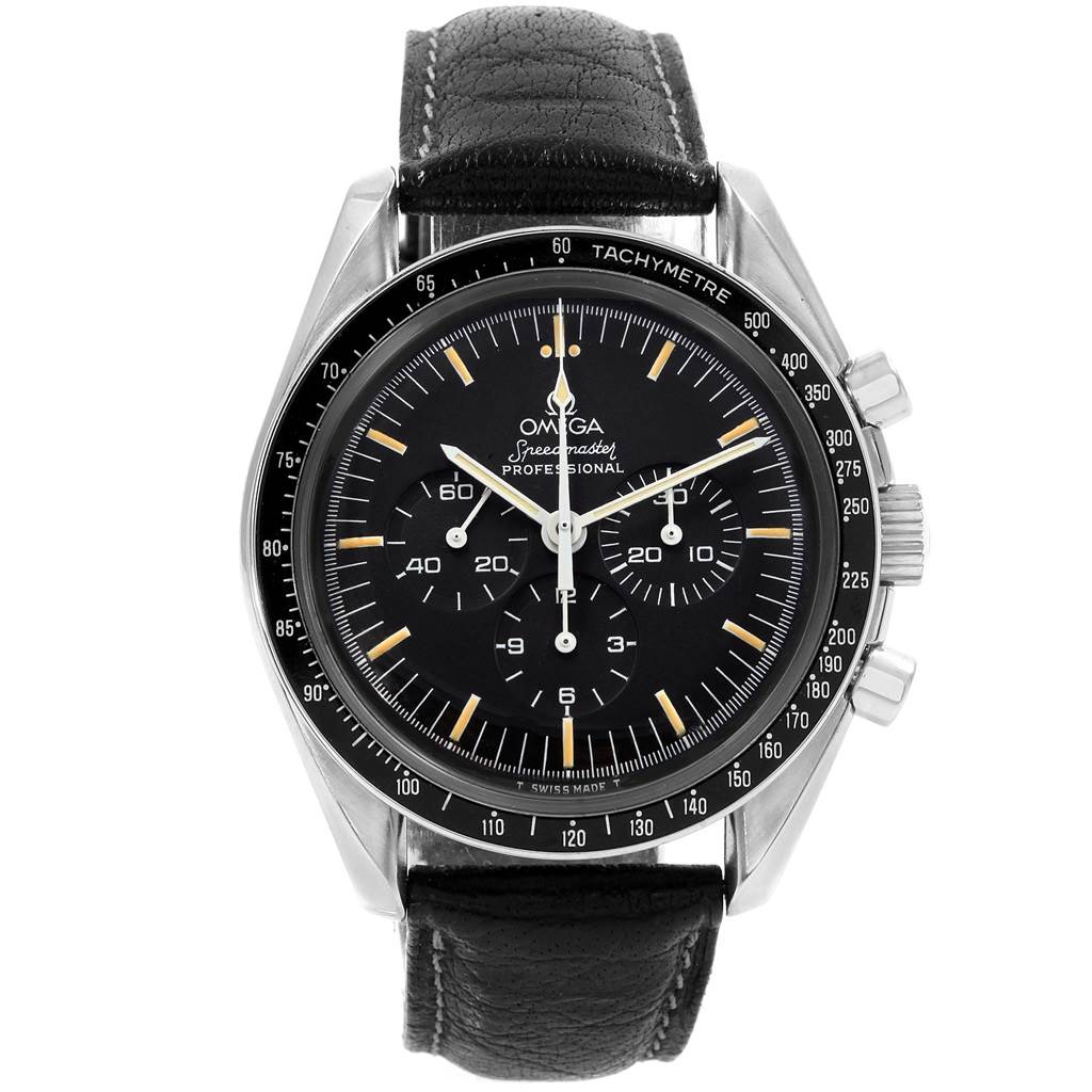 The Omega Speedmaster 145.022 Men
s Stainless Steel Black Dial 145.022 Men
s Stainless Steel Black Dial watch is shown from a front angle, highlighting its black dial, tachymeter bezel, and leather strap.
