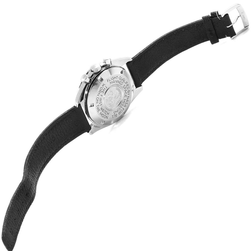 The image shows the back case and strap of an Omega Speedmaster 145.022 Men
s Stainless Steel Black Dial 145.022 Men
s Stainless Steel Black Dial watch from a top-down angle.