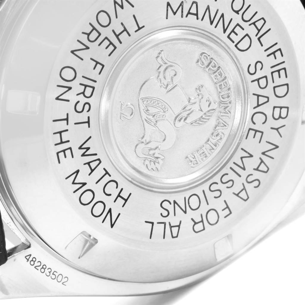 The image shows the case back of the Omega Speedmaster 145.022 Men
s Stainless Steel Black Dial 145.022 Men
s Stainless Steel Black Dial watch, featuring engraved text and an emblem.