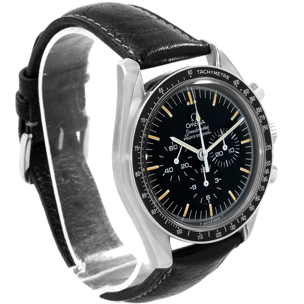 The Omega Speedmaster 145.022 Men
s Stainless Steel Black Dial 145.022 Men
s Stainless Steel Black Dial watch is shown at a slight angle from the left side, displaying the face and black leather strap.