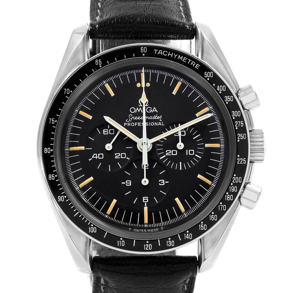 This is a front view of the Omega Speedmaster 145.022 Men
s Stainless Steel Black Dial 145.022 Men
s Stainless Steel Black Dial watch showing the dial, bezel, and leather strap.