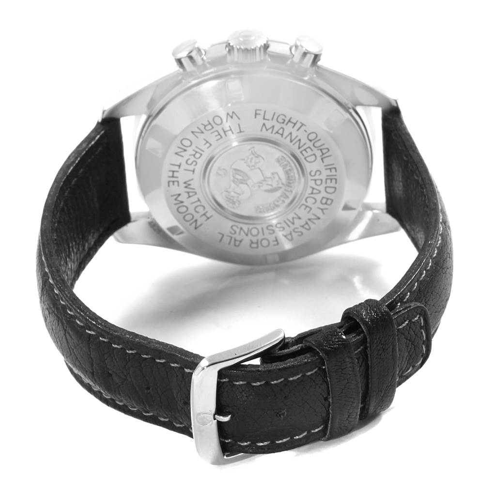 The image shows the back and side view of an Omega Speedmaster 145.022 Men
s Stainless Steel Black Dial 145.022 Men
s Stainless Steel Black Dial watch, with detail on the case back and leather strap.