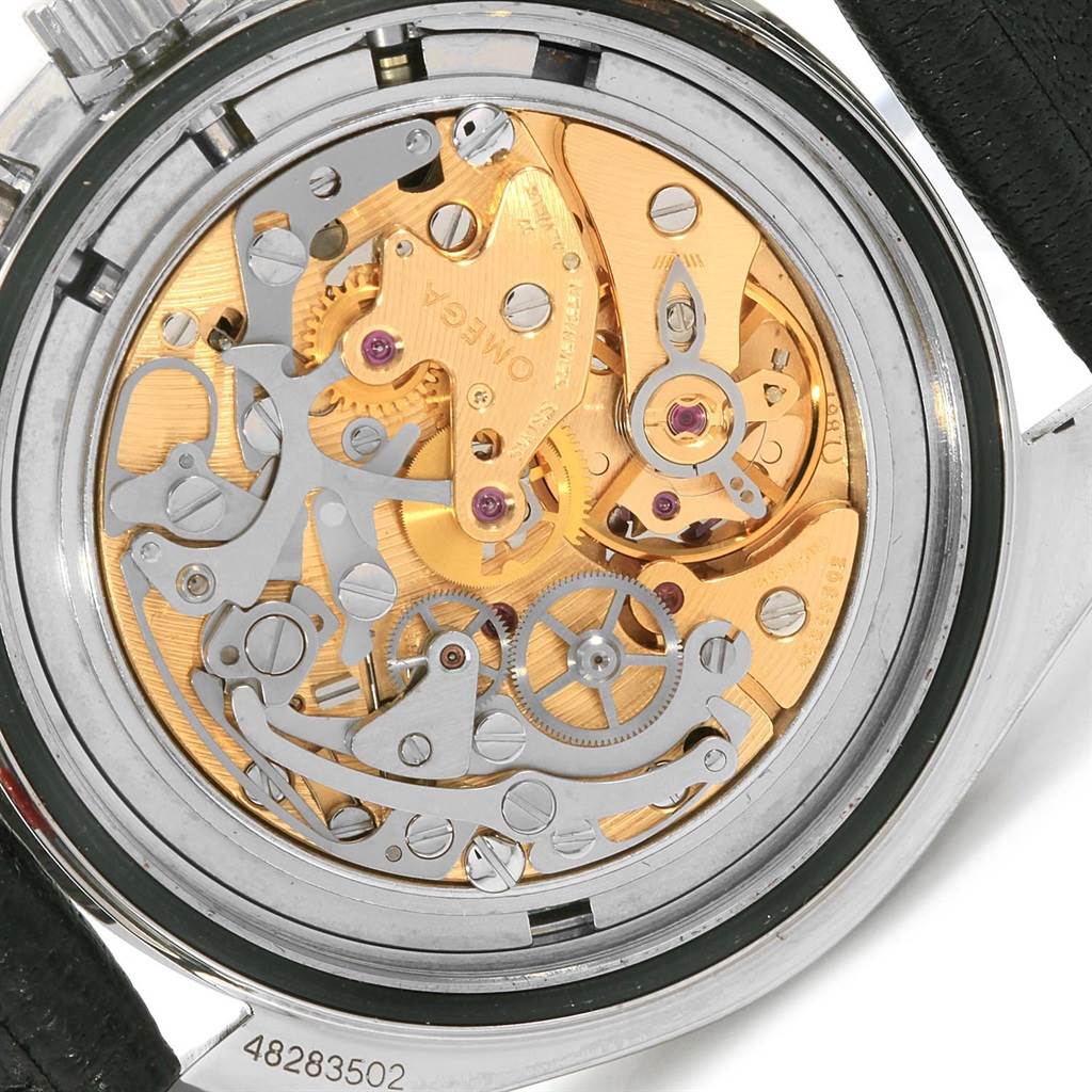 The image shows the back view of an Omega Speedmaster 145.022 Men
s Stainless Steel Black Dial 145.022 Men
s Stainless Steel Black Dial watch, highlighting its intricate mechanical movement.