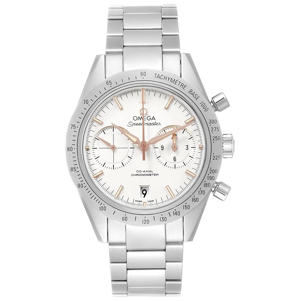 The Omega Speedmaster 331.10.42.51.02.002 Men
s Stainless Steel Silver Dial 331.10.42.51.02.002 Men
s Stainless Steel Silver Dial watch is shown from a front angle, displaying the face, bezel, crown, pushers, and the full bracelet.