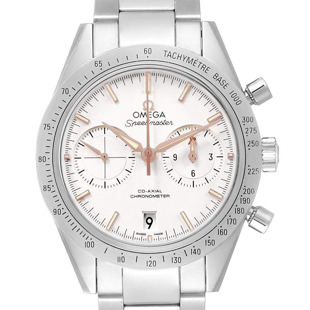 The image shows a front view of an Omega Speedmaster 331.10.42.51.02.002 Men
s Stainless Steel Silver Dial 331.10.42.51.02.002 Men
s Stainless Steel Silver Dial watch, highlighting its dial, bezel, and chronograph subdials.