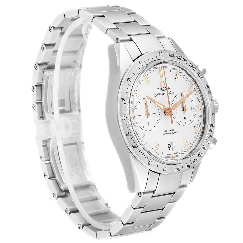 This image showcases a side-angle view of an Omega Speedmaster 331.10.42.51.02.002 Men
s Stainless Steel Silver Dial 331.10.42.51.02.002 Men
s Stainless Steel Silver Dial watch, highlighting its dial, bezel, and bracelet.