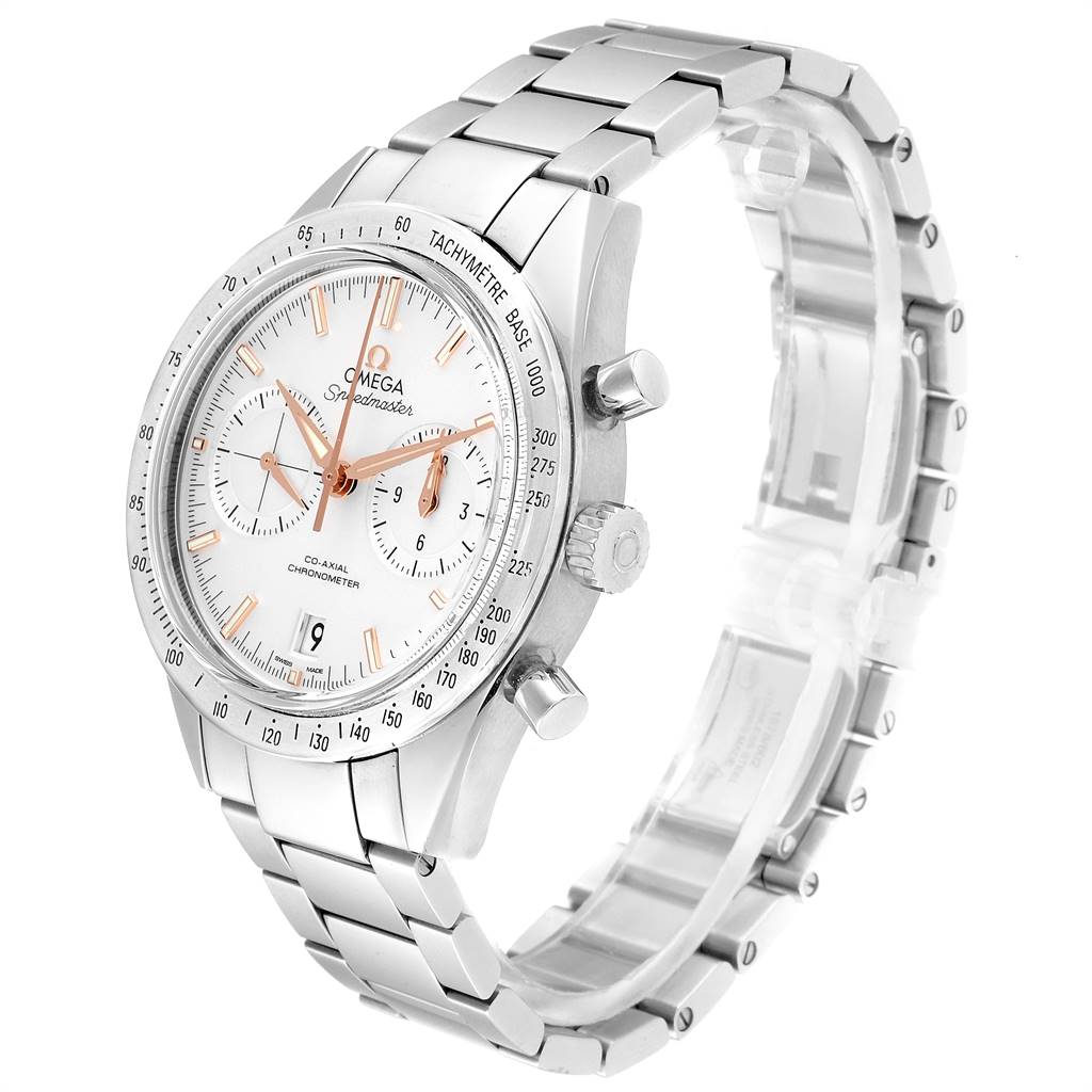 The image shows an angled view of the Omega Speedmaster 331.10.42.51.02.002 Men
s Stainless Steel Silver Dial 331.10.42.51.02.002 Men
s Stainless Steel Silver Dial, displaying its dial, bezel, chronograph buttons, and metal bracelet.