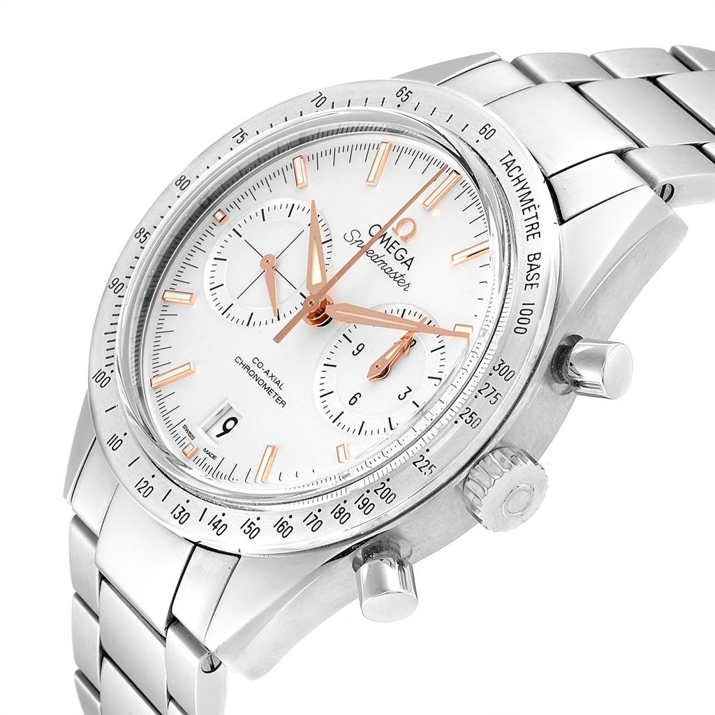 This Omega Speedmaster 331.10.42.51.02.002 Men
s Stainless Steel Silver Dial 331.10.42.51.02.002 Men
s Stainless Steel Silver Dial watch is shown at a three-quarter angle, displaying the face, crown, and part of the bracelet.