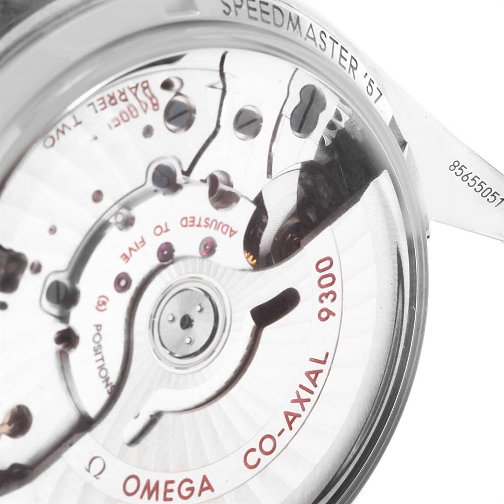 The image shows the backside of an Omega Speedmaster 331.10.42.51.02.002 Men
s Stainless Steel Silver Dial 331.10.42.51.02.002 Men
s Stainless Steel Silver Dial watch, focusing on the Co-Axial 9300 movement and internal components.