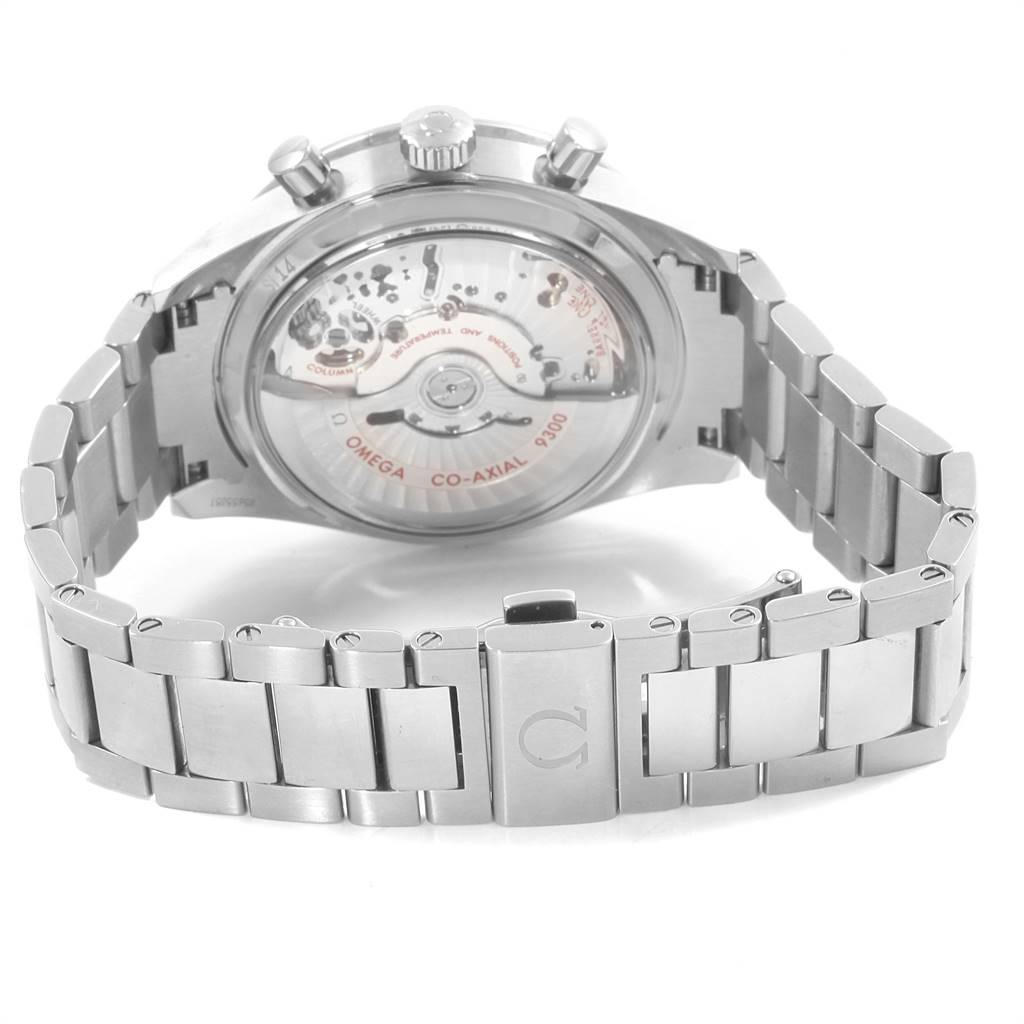 The image shows the back and bracelet of an Omega Speedmaster 331.10.42.51.02.002 Men
s Stainless Steel Silver Dial 331.10.42.51.02.002 Men
s Stainless Steel Silver Dial, highlighting its Co-Axial movement.