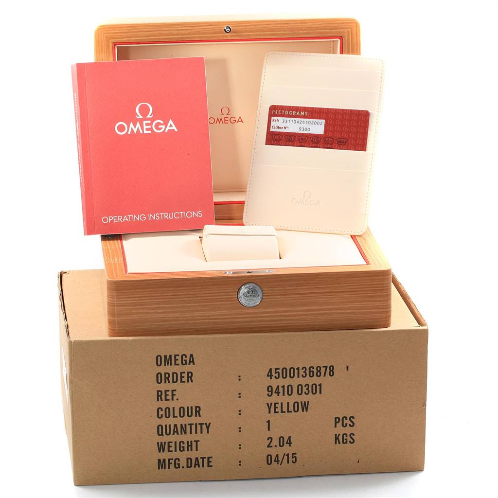 The image shows an Omega Speedmaster 331.10.42.51.02.002 Men
s Stainless Steel Silver Dial 331.10.42.51.02.002 Men
s Stainless Steel Silver Dial watch box with operating instructions and a card holder.