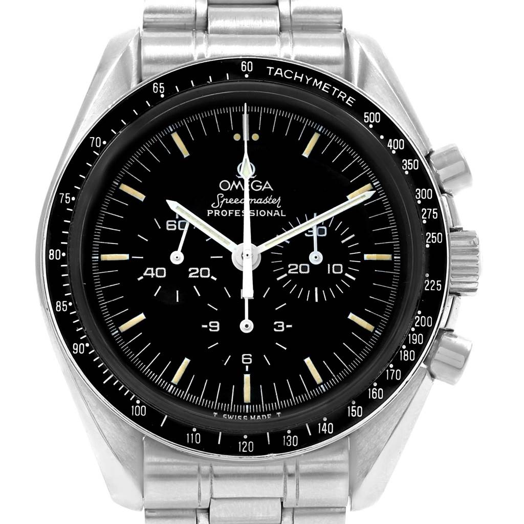 The image shows a front view of an Omega Speedmaster 145.022 Men
s Stainless Steel Black Dial 145.022 Men
s Stainless Steel Black Dial wristwatch, displaying the dial, tachymeter bezel, and chronograph subdials.