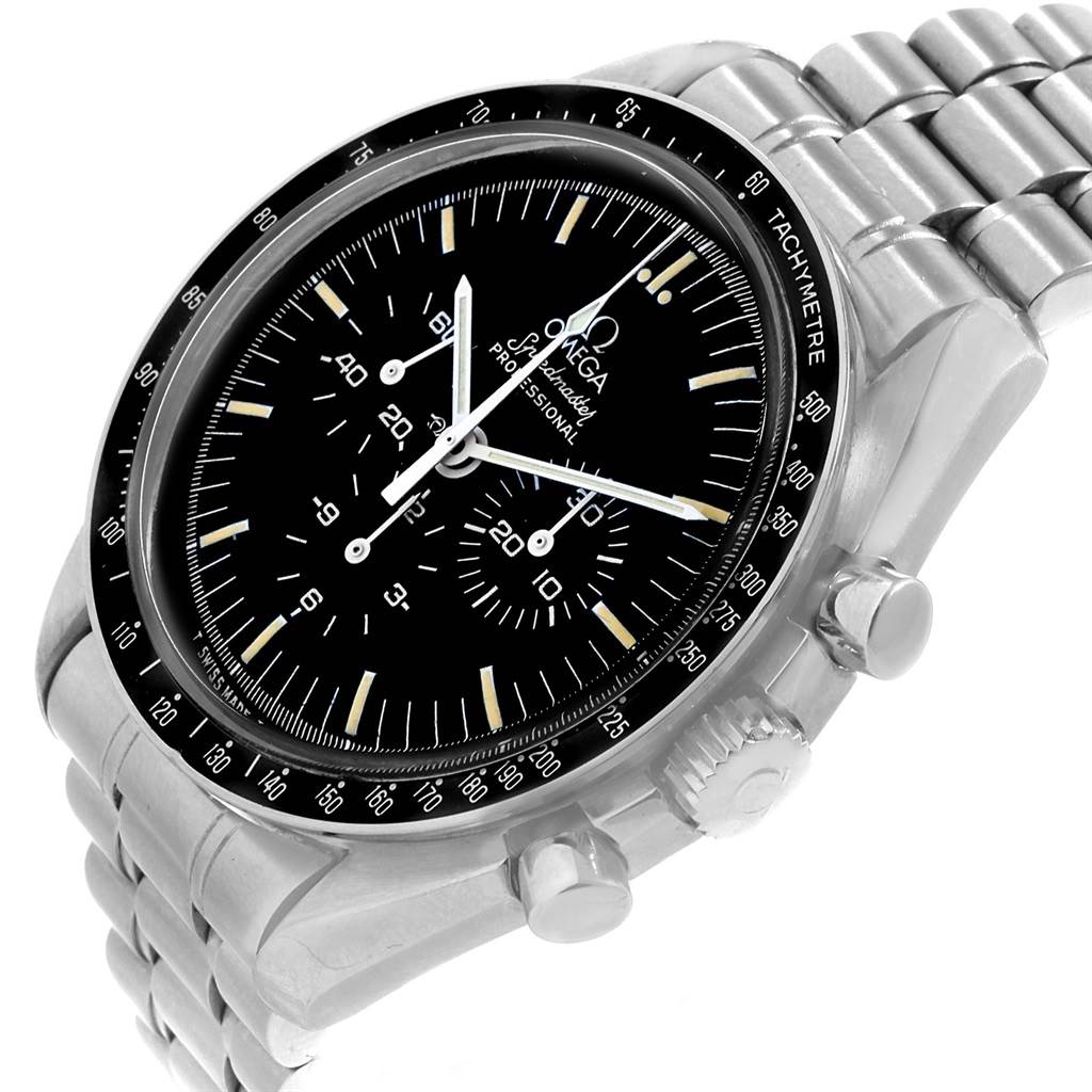 The Omega Speedmaster 145.022 Men
s Stainless Steel Black Dial 145.022 Men
s Stainless Steel Black Dial watch is shown at a slight angle highlighting the face, bezel, pushers, and metal bracelet.
