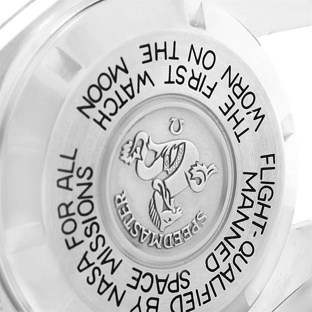 This image shows the engraved case back of an Omega Speedmaster 145.022 Men
s Stainless Steel Black Dial 145.022 Men
s Stainless Steel Black Dial watch, highlighting its NASA and Moon landing mission heritage.