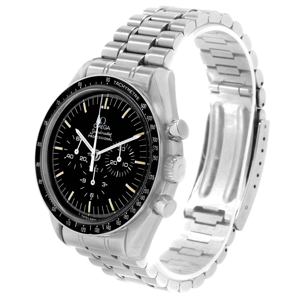The Omega Speedmaster 145.022 Men
s Stainless Steel Black Dial 145.022 Men
s Stainless Steel Black Dial watch is shown at a slight angle, highlighting its face, bezel, pushers, and metal bracelet.