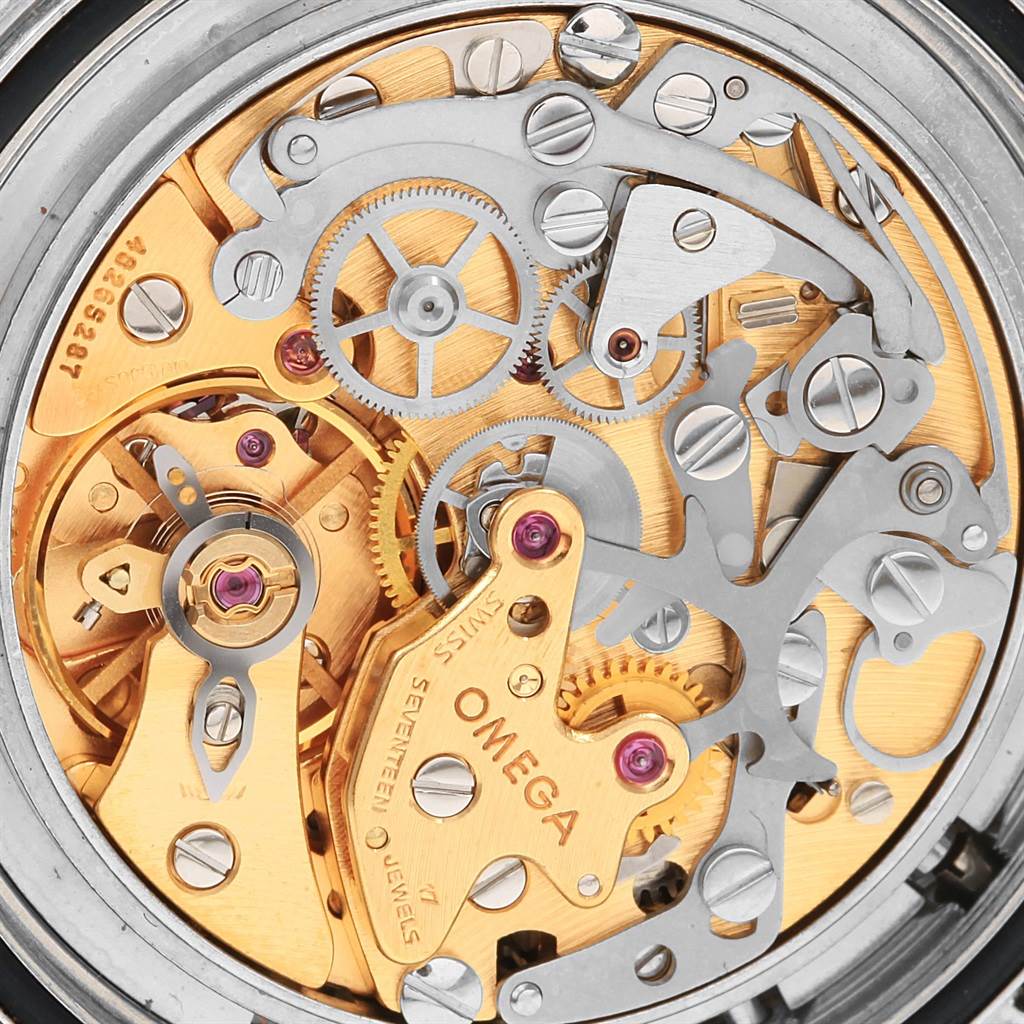 This close-up shot of the Omega Speedmaster 145.022 Men
s Stainless Steel Black Dial 145.022 Men
s Stainless Steel Black Dial watch displays its intricate mechanical movement and internal components.