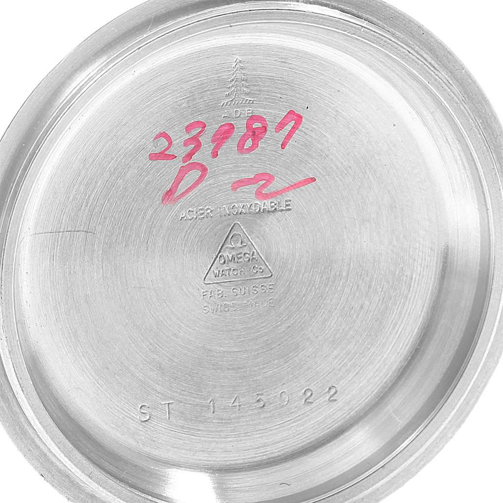 The image shows the inner case back of an Omega Speedmaster 145.022 Men
s Stainless Steel Black Dial 145.022 Men
s Stainless Steel Black Dial watch, featuring model and manufacturer information.