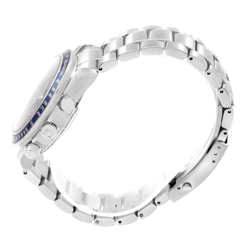 The image shows a side view of an Omega Speedmaster 3212.80.00 Men
s Stainless Steel Blue Dial 3212.80.00 Men
s Stainless Steel Blue Dial watch, featuring the case, bezel, crown, pushers, and metal band.