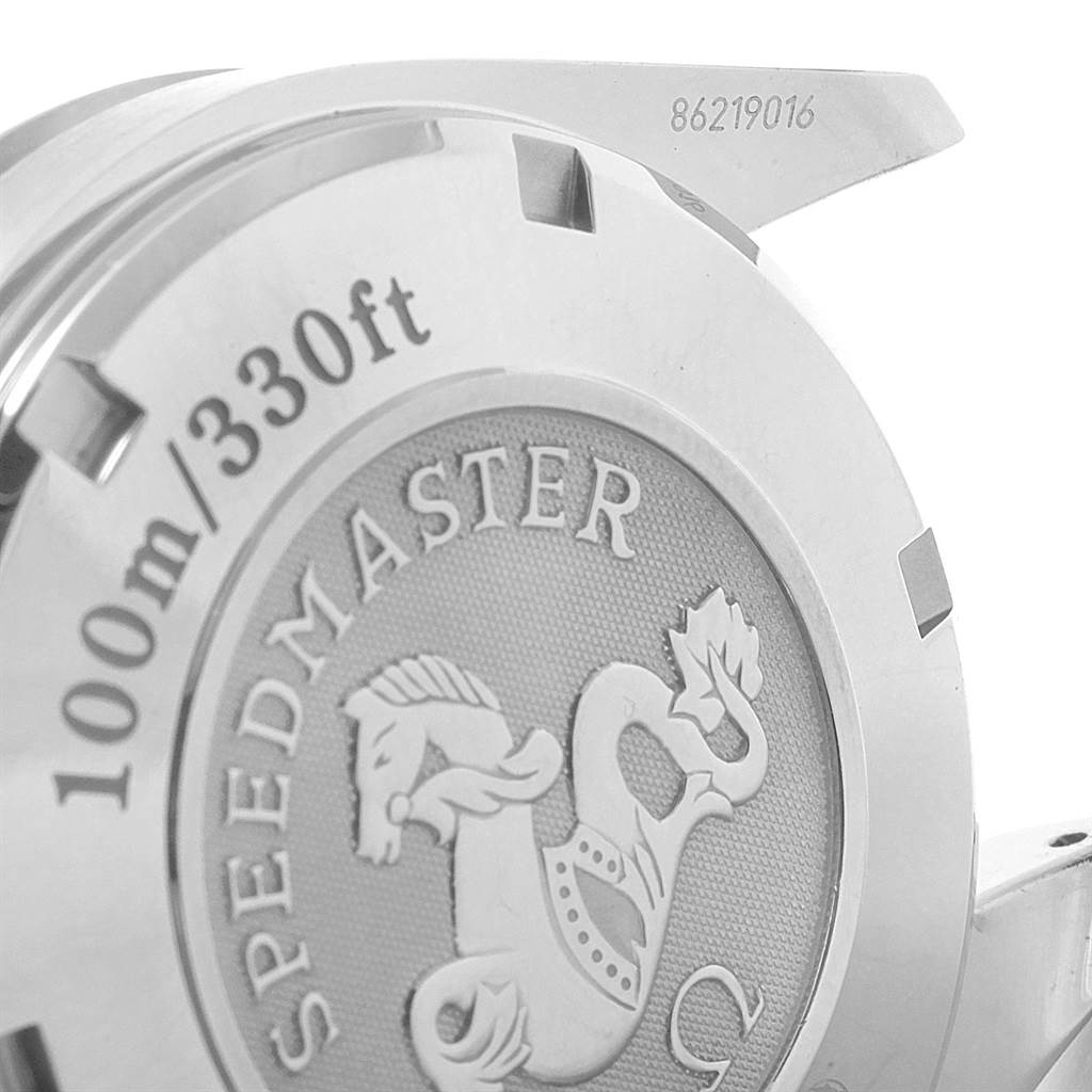 This image shows the case back of an Omega Speedmaster 3212.80.00 Men
s Stainless Steel Blue Dial 3212.80.00 Men
s Stainless Steel Blue Dial watch at an angle, highlighting the "Speedmaster" engraving and water resistance rating.