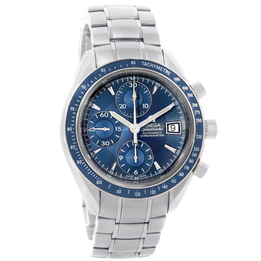 The image shows a front angle view of the Omega Speedmaster 3212.80.00 Men
s Stainless Steel Blue Dial 3212.80.00 Men
s Stainless Steel Blue Dial watch, displaying its dial, bezel, and stainless steel bracelet.