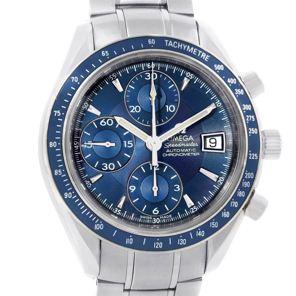 The image shows a front view of an Omega Speedmaster 3212.80.00 Men
s Stainless Steel Blue Dial 3212.80.00 Men
s Stainless Steel Blue Dial watch, highlighting its blue dial, chronograph sub-dials, tachymeter scale, and date window.
