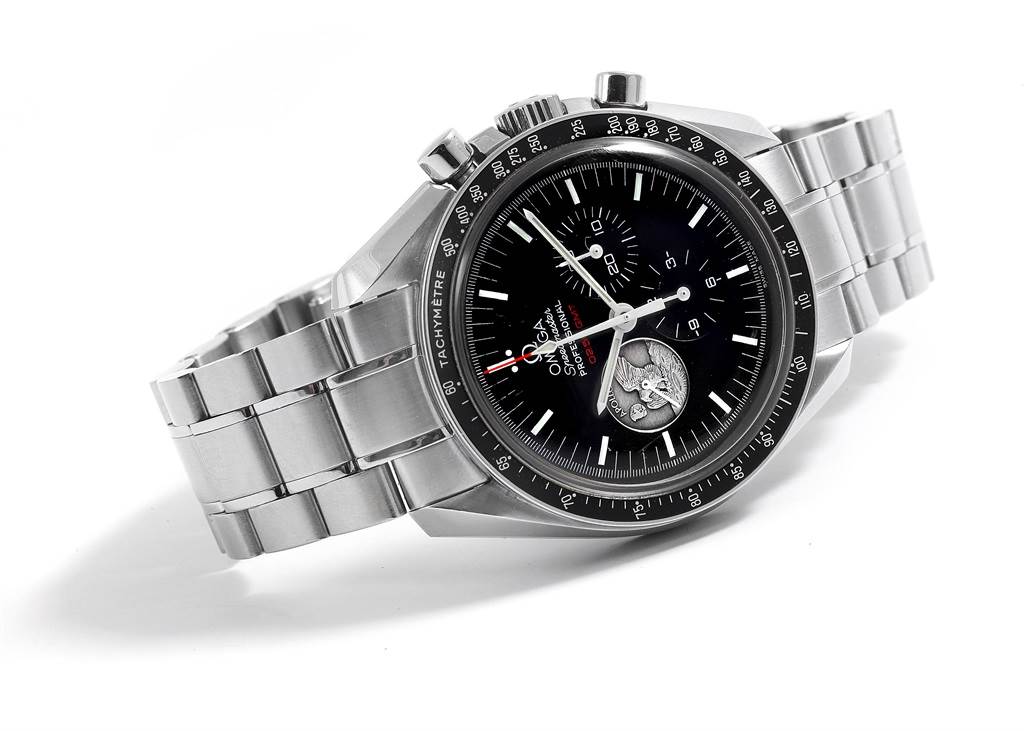 The image shows an Omega Speedmaster 311.30.42.30.01.002 Men's Stainless Steel Black Dial 311.30.42.30.01.002 Men's Stainless Steel Black Dial watch at an angled view, highlighting its stainless steel band and black dial with chronograph features.