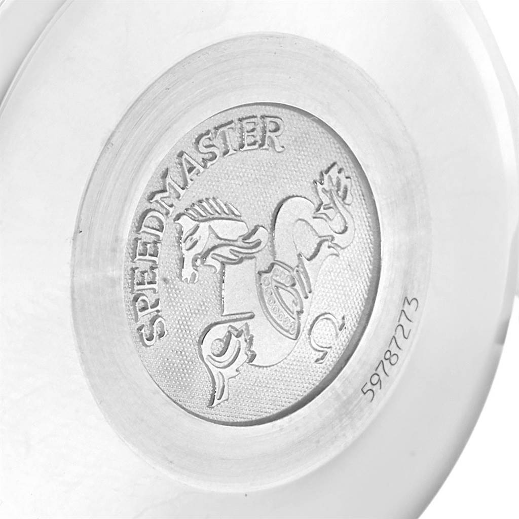 This image shows the case back of an Omega Speedmaster 3513.50.00 Men
s Stainless Steel Black Dial 3513.50.00 Men
s Stainless Steel Black Dial watch, featuring the engraved logo and serial number.