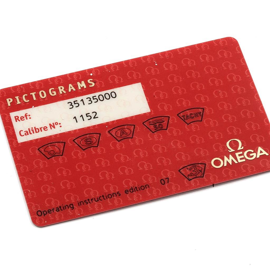 This Omega Speedmaster 3513.50.00 Men
s Stainless Steel Black Dial 3513.50.00 Men
s Stainless Steel Black Dial watch accessory shows a red pictogram card with reference and caliber numbers.