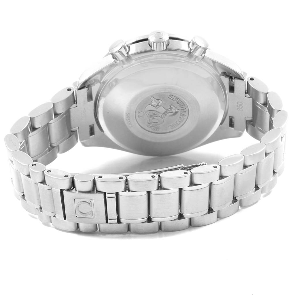 The image shows the back case and bracelet of an Omega Speedmaster 3513.50.00 Men
s Stainless Steel Black Dial 3513.50.00 Men
s Stainless Steel Black Dial watch, viewed from the rear angle.