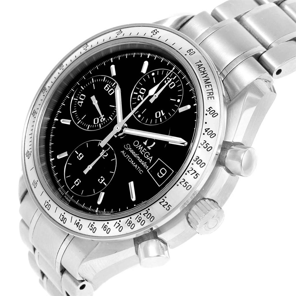The image shows an angled view of an Omega Speedmaster 3513.50.00 Men
s Stainless Steel Black Dial 3513.50.00 Men
s Stainless Steel Black Dial watch, displaying its face, chronographs, tachymetre bezel, and metal band.