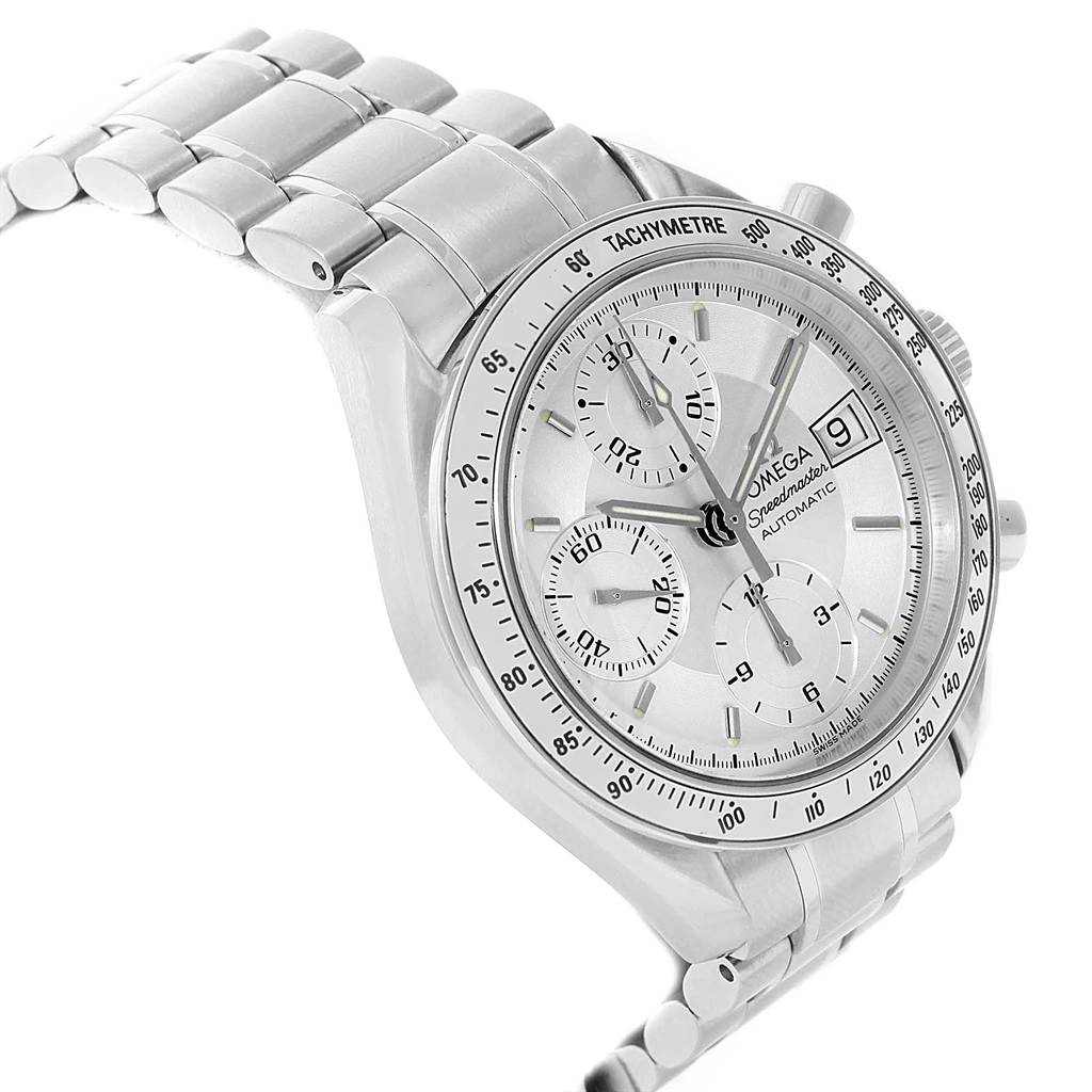 This Omega Speedmaster 3513.30.00 Men
s Stainless Steel Silver Dial 3513.30.00 Men
s Stainless Steel Silver Dial watch image shows a tilted angle of the face and metal bracelet.