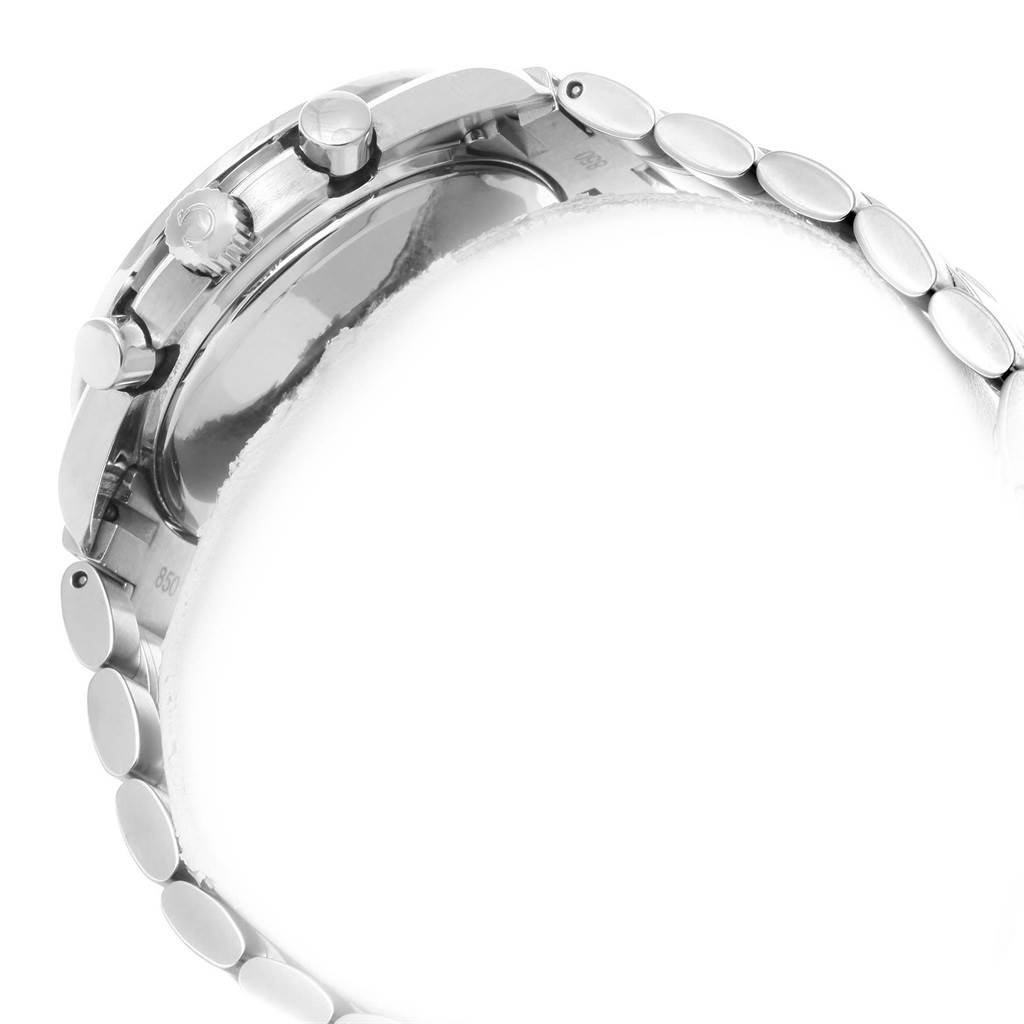 The image shows a side view of the Omega Speedmaster 3513.30.00 Men
s Stainless Steel Silver Dial 3513.30.00 Men
s Stainless Steel Silver Dial watch, focusing on the crown, pushers, case, and bracelet.