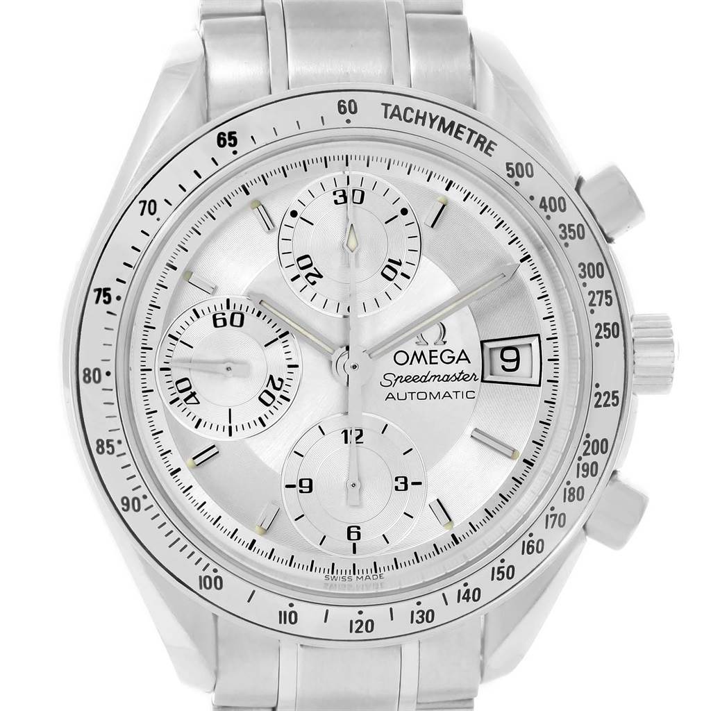The image shows a front view of an Omega Speedmaster 3513.30.00 Men
s Stainless Steel Silver Dial 3513.30.00 Men
s Stainless Steel Silver Dial watch, displaying the dial, bezel, subdials, and date window.