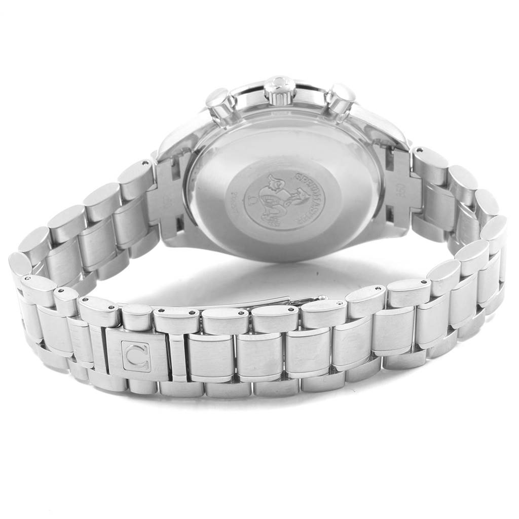 This is an Omega Speedmaster 3513.30.00 Men
s Stainless Steel Silver Dial 3513.30.00 Men
s Stainless Steel Silver Dial watch viewed from the back, showing the case back, crown, pushers, and metal bracelet.