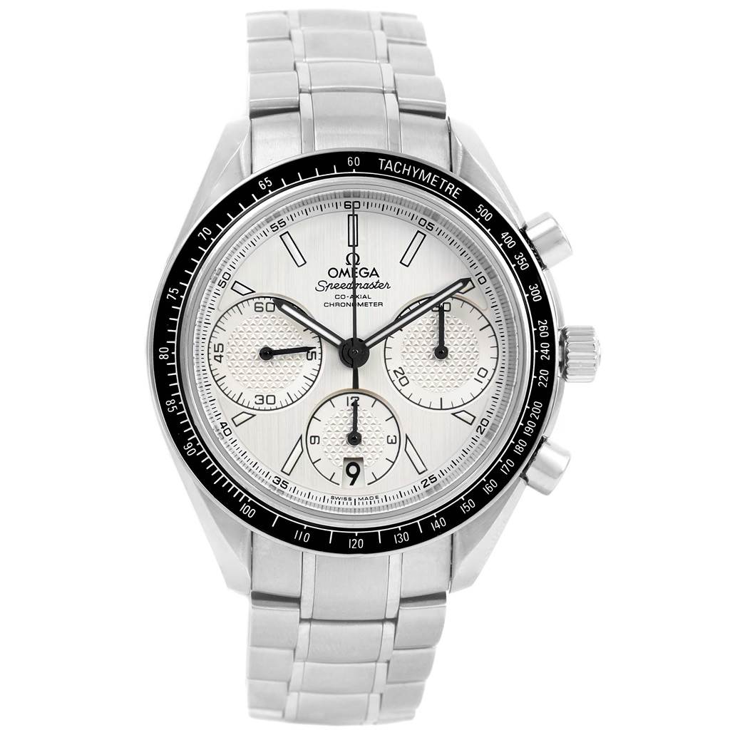 This image shows a front view of the Omega Speedmaster 326.30.40.50.02.001 Men
s Stainless Steel Silver Dial 326.30.40.50.02.001 Men
s Stainless Steel Silver Dial watch, displaying the face, bezel, and metal bracelet.