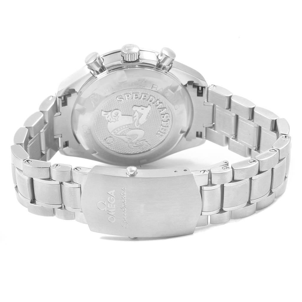 The image shows the back view of the Omega Speedmaster 326.30.40.50.02.001 Men
s Stainless Steel Silver Dial 326.30.40.50.02.001 Men
s Stainless Steel Silver Dial watch, highlighting the case back, bracelet, and clasp.