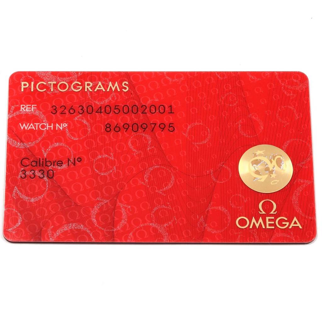 This image shows a pictogram card for the Omega Speedmaster 326.30.40.50.02.001 Men
s Stainless Steel Silver Dial 326.30.40.50.02.001 Men
s Stainless Steel Silver Dial with reference and watch numbers displayed.