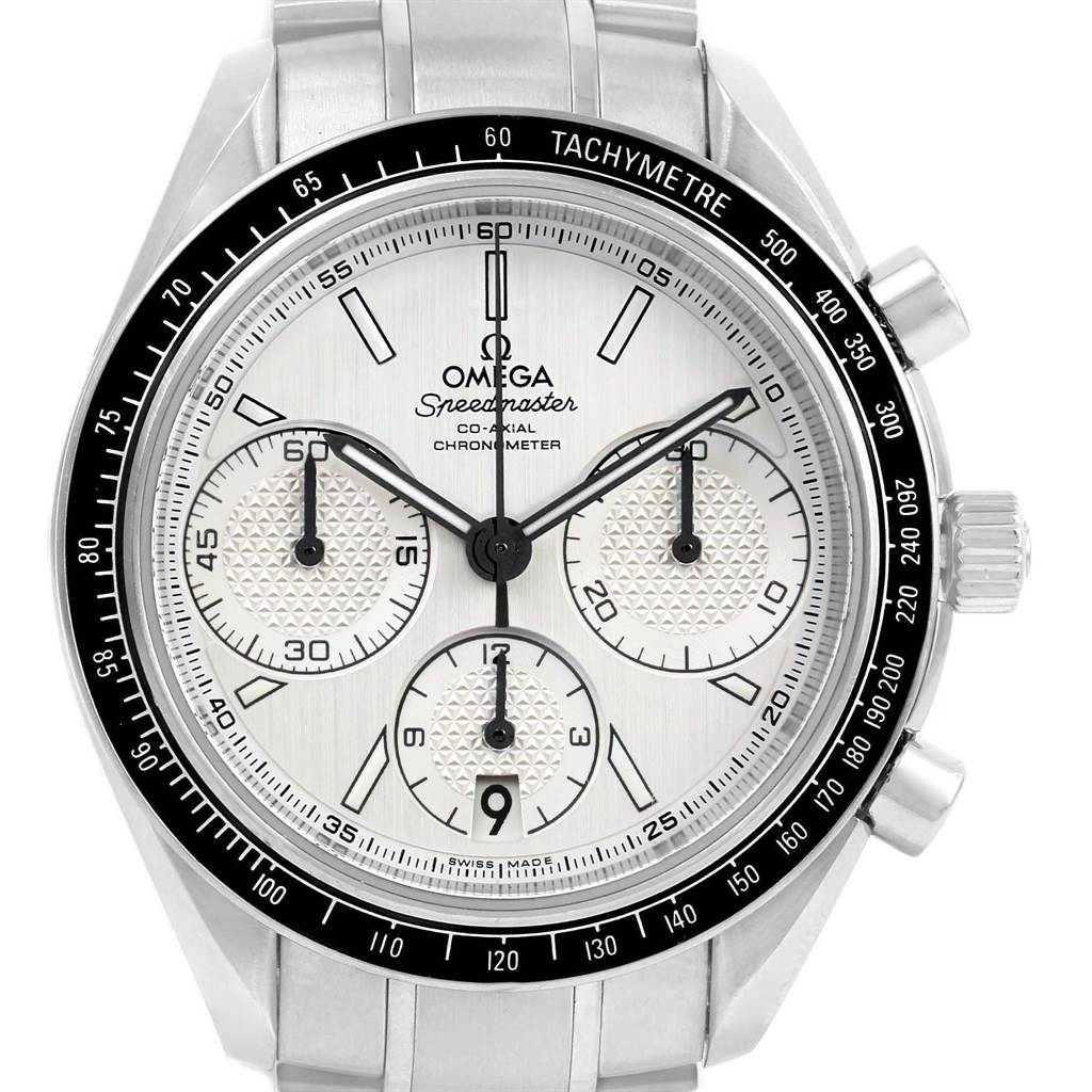 The Omega Speedmaster 326.30.40.50.02.001 Men
s Stainless Steel Silver Dial 326.30.40.50.02.001 Men
s Stainless Steel Silver Dial watch is shown from the front, featuring its dial, bezel, chronograph subdials, and tachymeter scale.