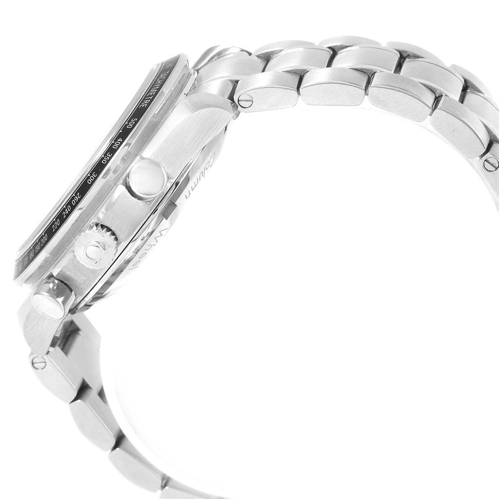 This side view of the Omega Speedmaster 326.30.40.50.02.001 Men
s Stainless Steel Silver Dial 326.30.40.50.02.001 Men
s Stainless Steel Silver Dial watch showcases the crown, pushers, and part of its metal bracelet.