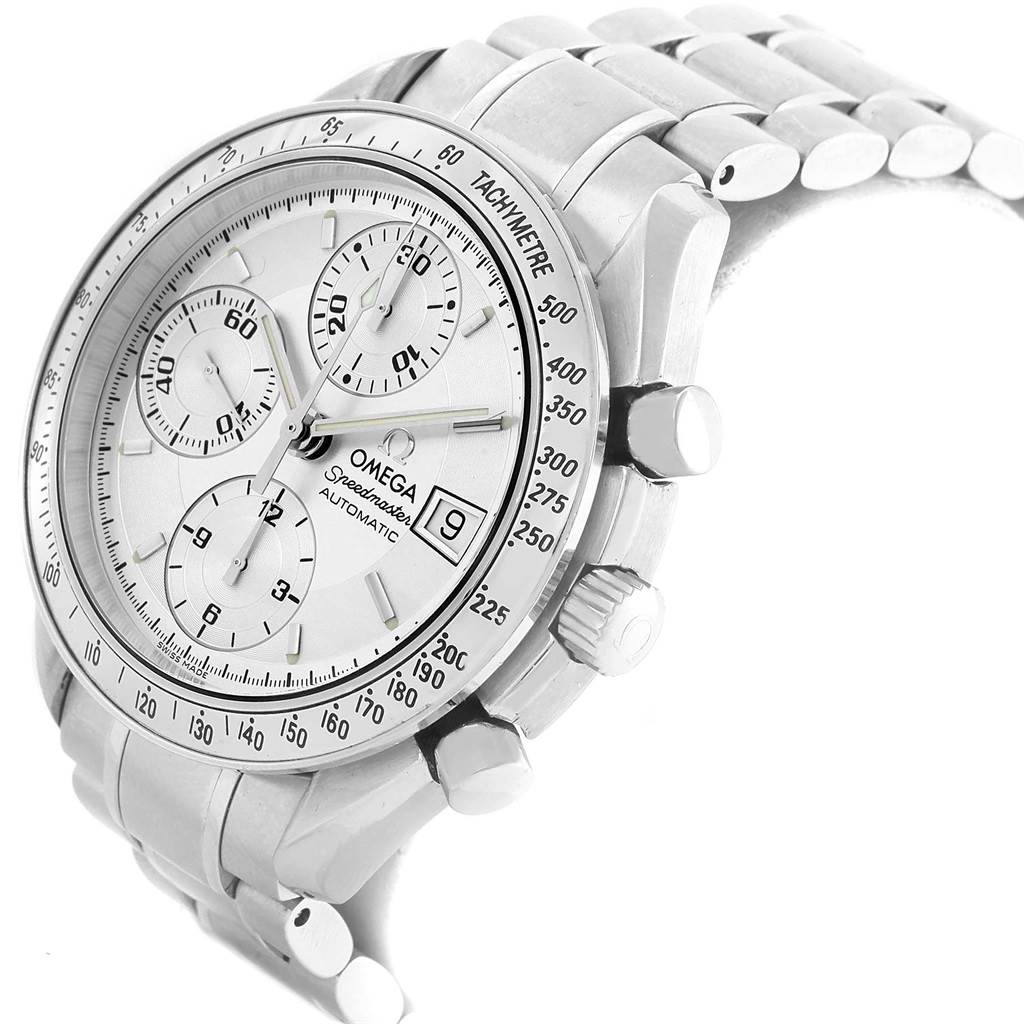 The Omega Speedmaster 3513.30.00 Men
s Stainless Steel Silver Dial 3513.30.00 Men
s Stainless Steel Silver Dial watch is shown from an oblique angle highlighting the face, chronograph dials, bezel, case, and part of the bracelet.