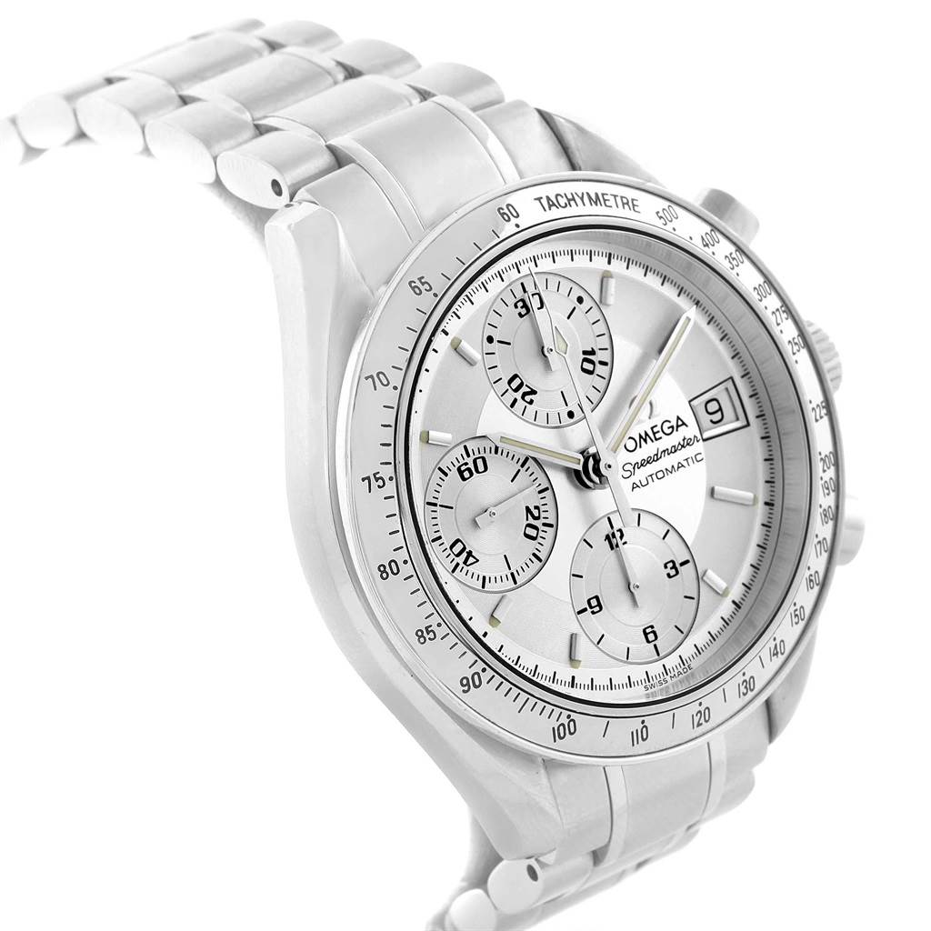 The image shows an angled view of the Omega Speedmaster 3513.30.00 Men
s Stainless Steel Silver Dial 3513.30.00 Men
s Stainless Steel Silver Dial, displaying its dial, tachymeter bezel, and bracelet.