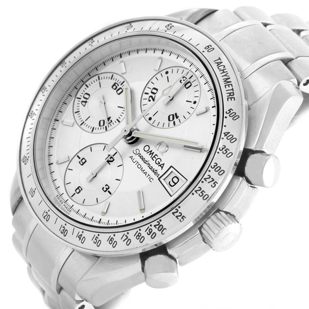 This image shows an angled view of the dial, crown, and pushers of the Omega Speedmaster 3513.30.00 Men
s Stainless Steel Silver Dial 3513.30.00 Men
s Stainless Steel Silver Dial watch, showcasing the chronograph and tachymeter.