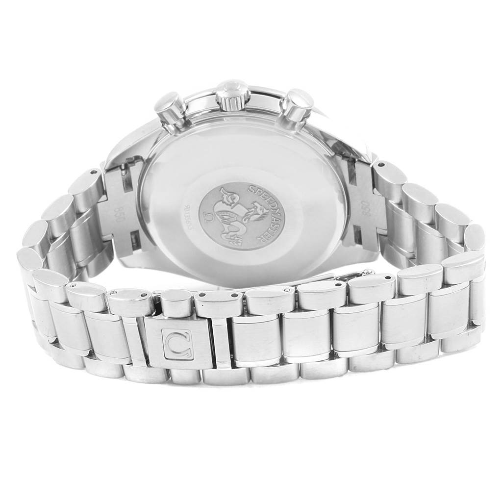 This image shows the back case and metal bracelet of an Omega Speedmaster 3513.30.00 Men
s Stainless Steel Silver Dial 3513.30.00 Men
s Stainless Steel Silver Dial watch from a rear angle.