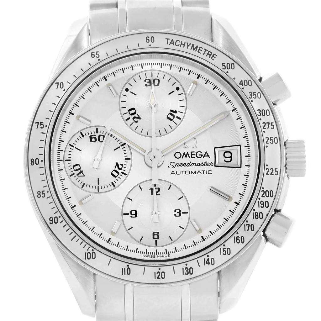 This image shows a front view of the Omega Speedmaster 3513.30.00 Men
s Stainless Steel Silver Dial 3513.30.00 Men
s Stainless Steel Silver Dial watch, highlighting its tachymeter, date display, and subdials.