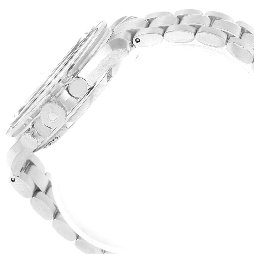 A side view of an Omega Speedmaster 3577.50.00 Men's Stainless Steel Black Dial 3577.50.00 Men's Stainless Steel Black Dial watch showing the case, crown, pushers, and metal bracelet.