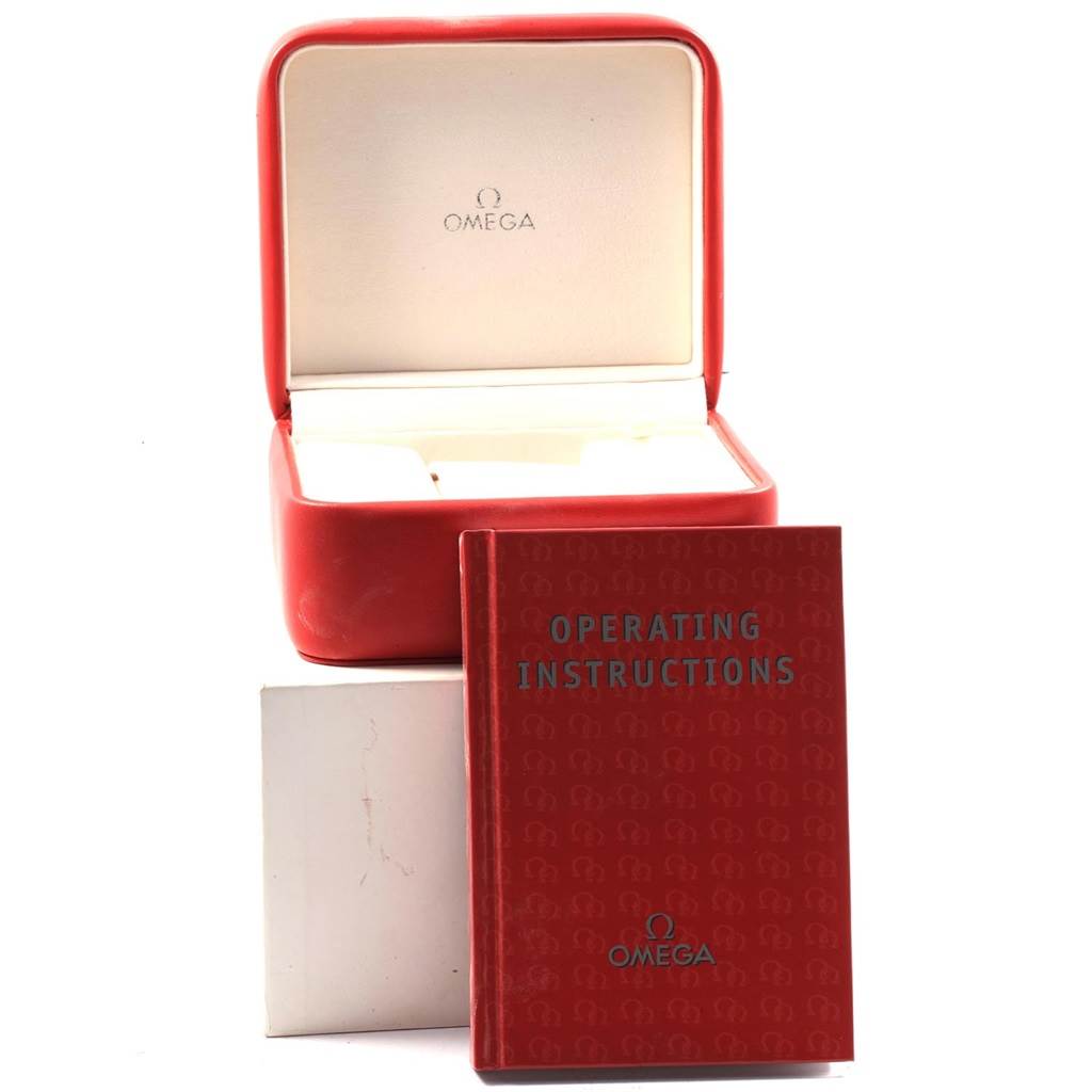 The image shows an open Omega Speedmaster 3577.50.00 Men's Stainless Steel Black Dial 3577.50.00 Men's Stainless Steel Black Dial watch box and the "Operating Instructions" manual.