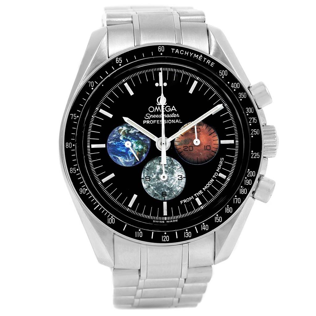 The image shows the front view of an Omega Speedmaster 3577.50.00 Men's Stainless Steel Black Dial 3577.50.00 Men's Stainless Steel Black Dial watch, featuring its dial, subdials, and tachymeter.