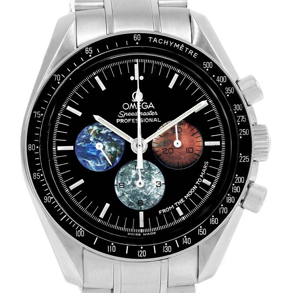 The image shows a frontal view of the Omega Speedmaster 3577.50.00 Men's Stainless Steel Black Dial 3577.50.00 Men's Stainless Steel Black Dial Professional watch, highlighting its dial, sub-dials, and tachymeter bezel.