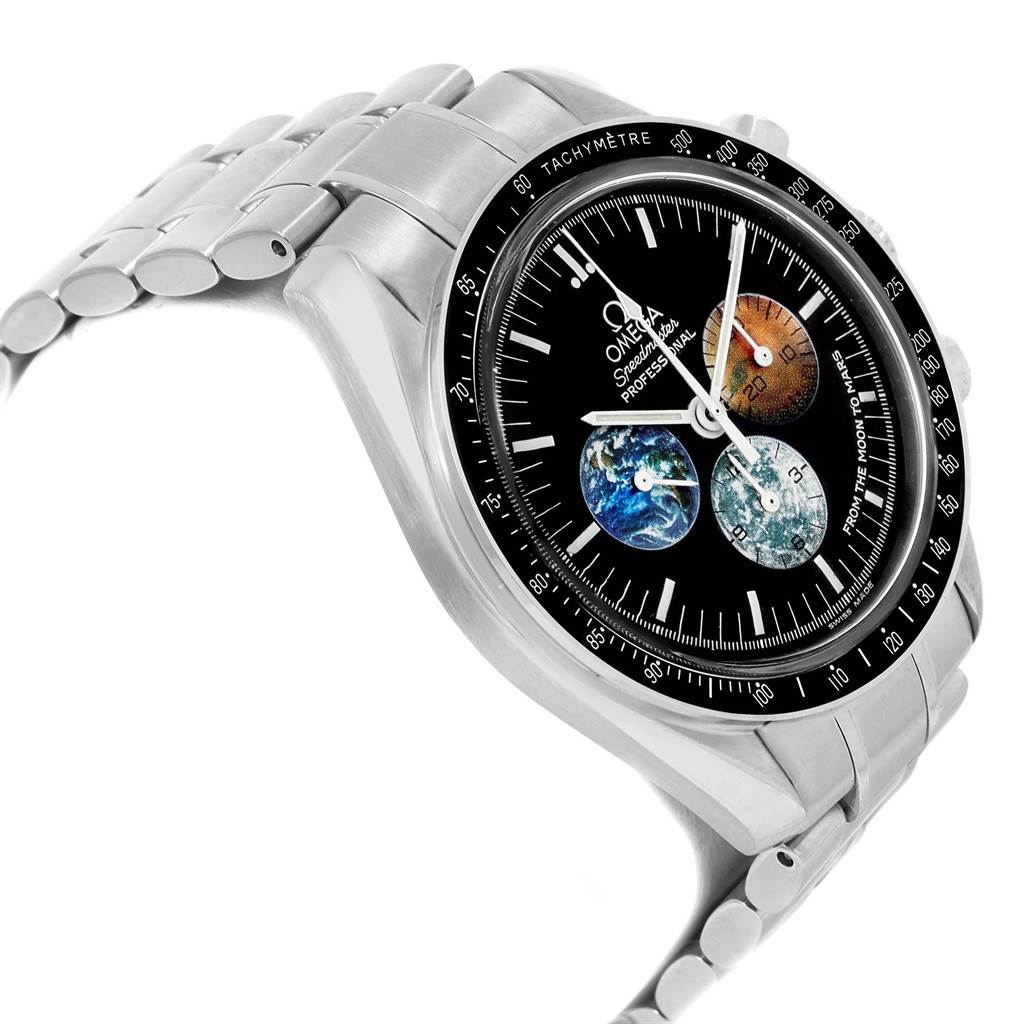 The image shows a side angle of the Omega Speedmaster 3577.50.00 Men's Stainless Steel Black Dial 3577.50.00 Men's Stainless Steel Black Dial watch, focusing on the dial, tachymeter bezel, and metal bracelet.